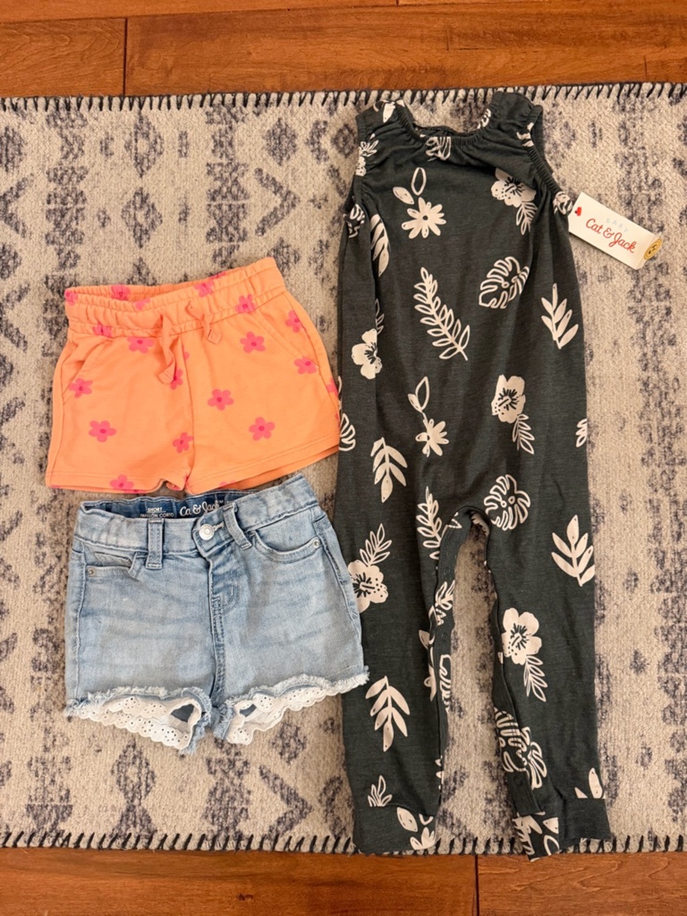 Cat & Jack Floral Romper with Peach Pink Flowered Shorts denim shorts bundle